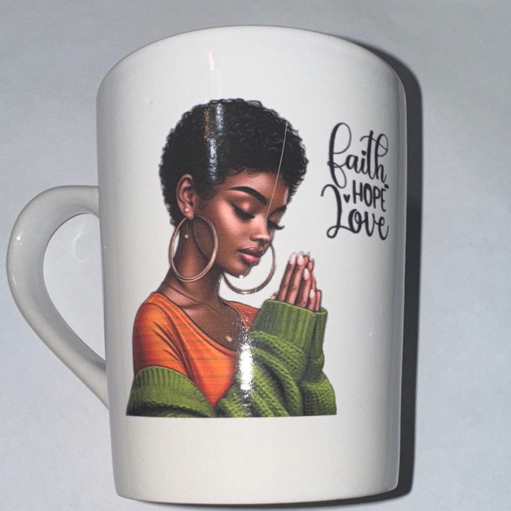 Faith Hope Love Mug with Praying Woman Design